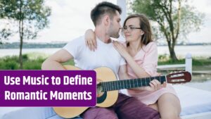 Young boy playing the guitar to his girlfriend while she hugs him.